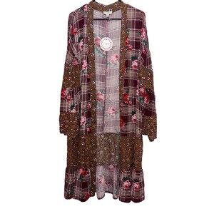 Umgee Kimono Womens Small Floral Plaid Mix Print Open Front Prairie Boho NWT